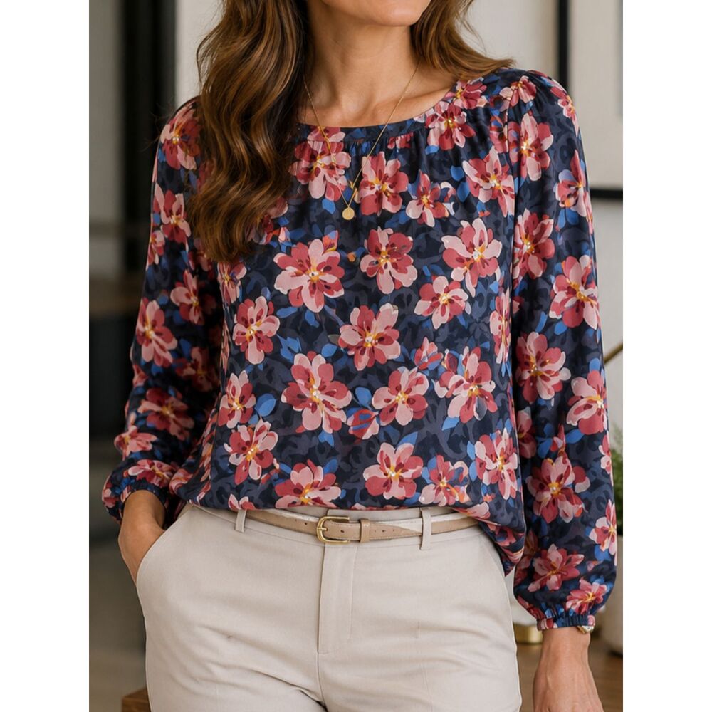 LOFT Boho Floral Long Sleeve Blouse LP Large Petite Women's Crewneck
